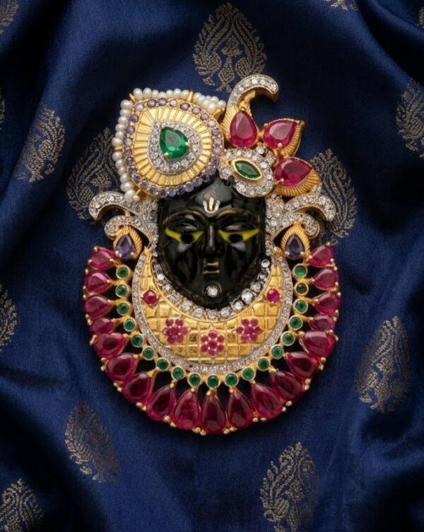 Divine Shrinathji Swaroop Brooch with Ruby and Emerald Gemstone 