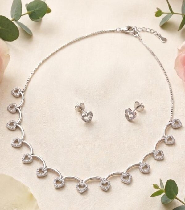 Luxury Heart Necklace Set with Earrings in Sterling Silver 925
