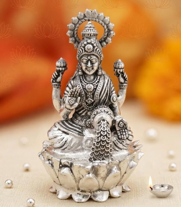 Oxidized Sterling Silver Goddess Lakshmi Idol on Lotus for Wealth and Prosperity