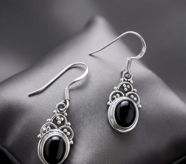 Handmade Oval Drop Dangle with Black Stone in Sterling Silver 925