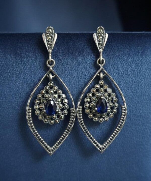 Midnight Blue Marcasite Teardrop Earrings in Sterling Silver 925
