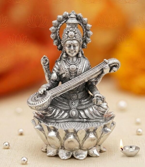 Oxidized Sterling Silver Goddess Saraswati Idol on Lotus for Wisdom and Music