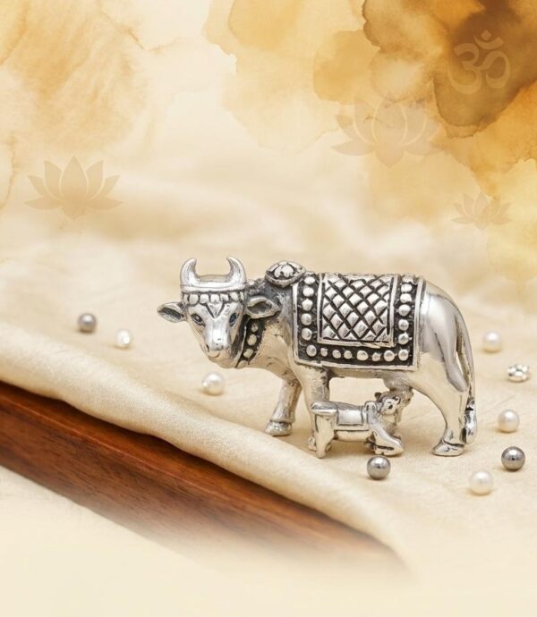 Sterling Silver Kamadhenu Cow and Calf Idol for Prosperity and Peace
