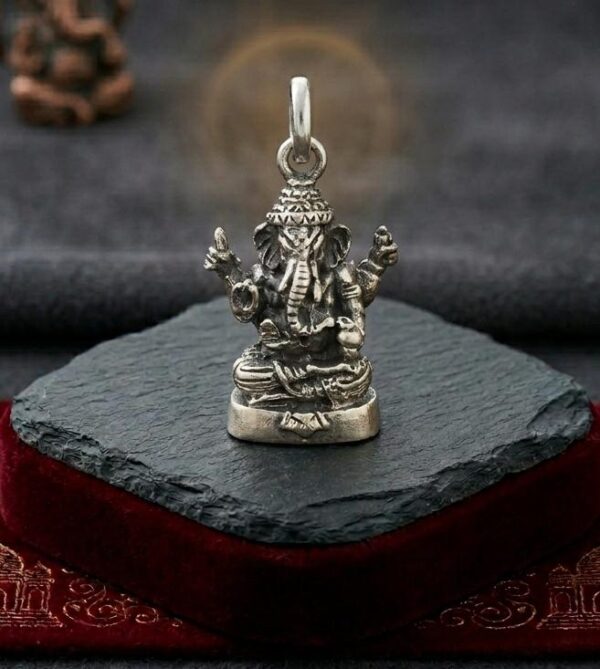 Oxidized Sterling Silver Lord Ganesha Seated Pendant with Four-Armed Iconography