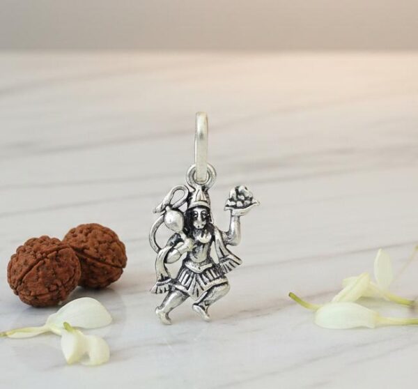 Oxidized Sterling Silver Lord Hanuman Flying Pendant with Mountain and Gada