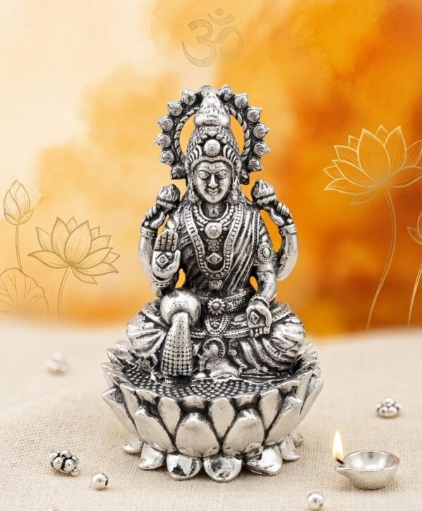 Oxidized Sterling Silver Goddess Lakshmi Idol on Lotus for Wealth and Prosperity
