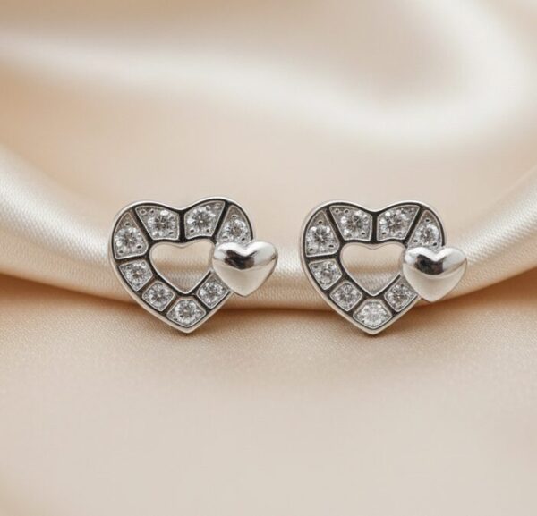 Dual Heart Sparkle Stud Earrings in Sterling Silver 925