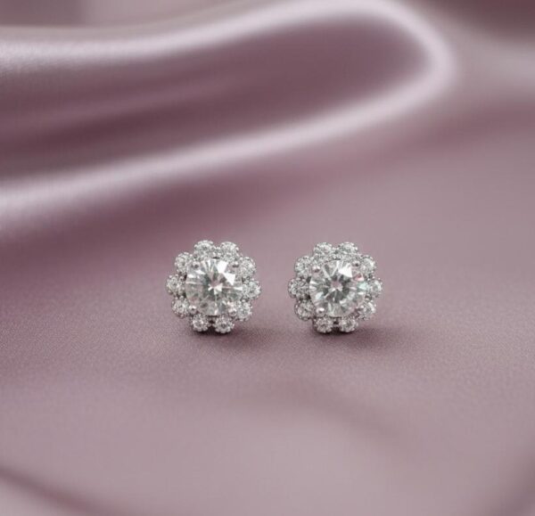 Floral Halo Crystal Stud Earrings in Sterling Silver 925