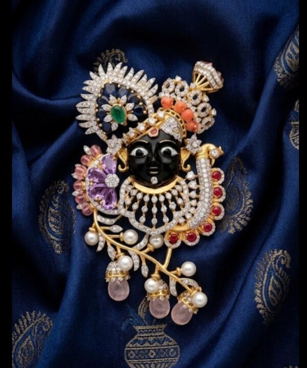 Divine Shrinathji Krishna Brooch with Sapphire, Emerald, and Pearl Accents