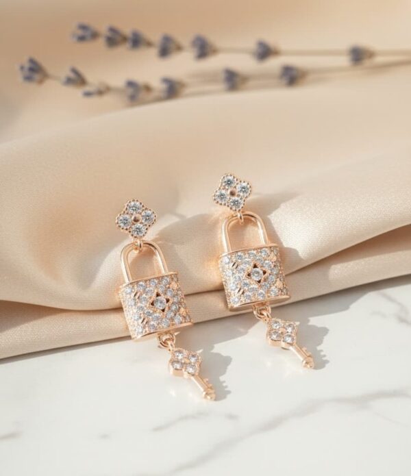 Shimmering Clover-Top Lock and Key Statement Dangles in Sterling Silver 925