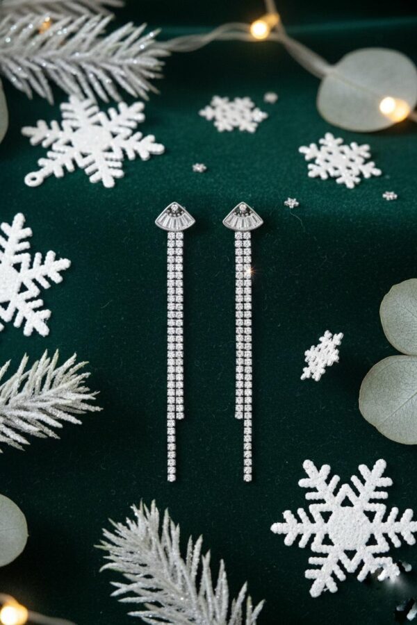 Art Deco Fan and Crystal Tassel Drop Earrings in Sterling Silver 925