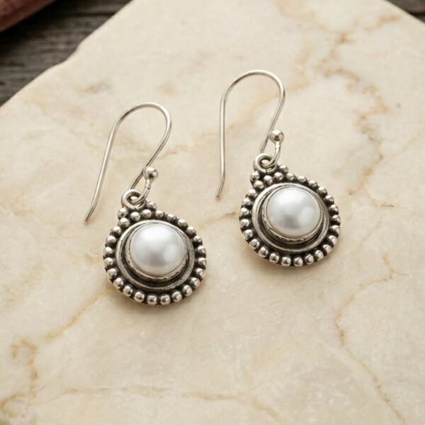 Beaded Halo Drop Earrings with Lustrous White Pearl in Sterling Silver 925