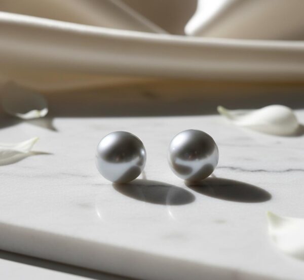 Radiant Silver-Grey Mirror Finish Round Pearl Post Earrings in Sterling Silver 925