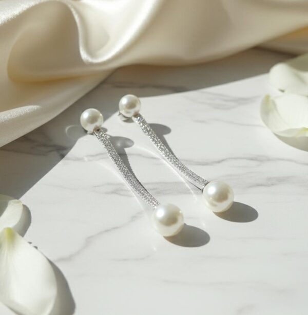 Shimmering Pavé and Pearl Linear Drop Earrings in Sterling Silver 925