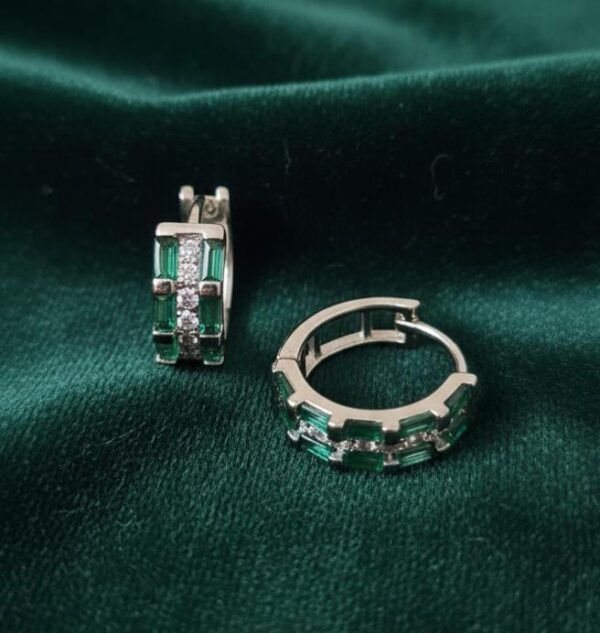 Royal Emerald Green Baguette Huggie Earrings in Sterling Silver 925