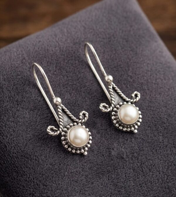 Handcrafted Oxidized Silver Pearl Drop Earrings with Intricate Filigree Detail in Sterling Silver 925