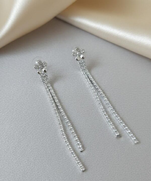 Pavé Flower and Crystal Tassel Drop Earrings in Sterling Silver 925