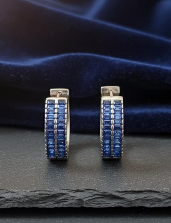 Radiant Midnight Blue Crystal Baguette Statement Huggies in Sterling Silver 925