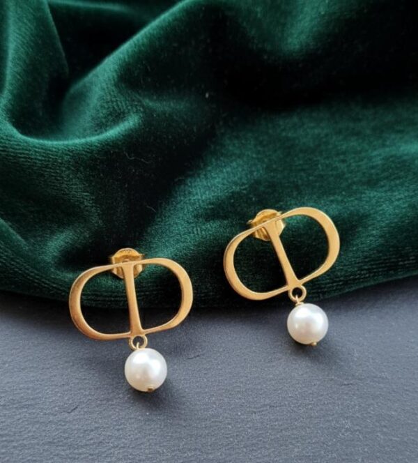 Radiant Gold Monogram Logo Earrings with Dangle Pearl Accents in Sterling Silver 925