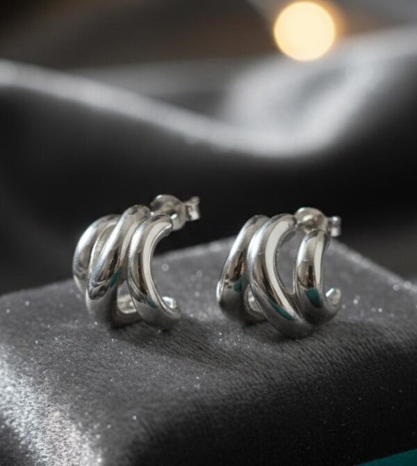 Sleek Triple-Band Sculptural Statement Studs in Sterling Silver 925