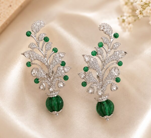 Emerald Green Floral Drop CZ Earrings in Sterling Silver 925