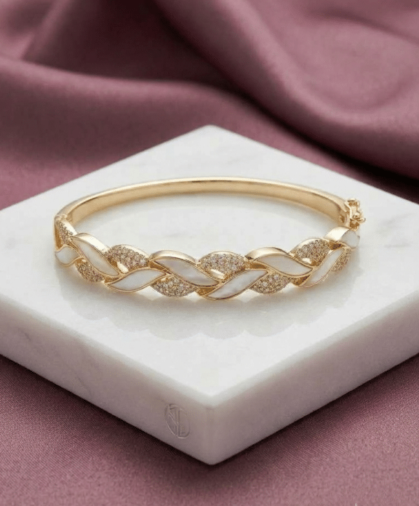 Gold Woven Petal CZ Bracelet with Pearl Accent for Women in sterling silver 925