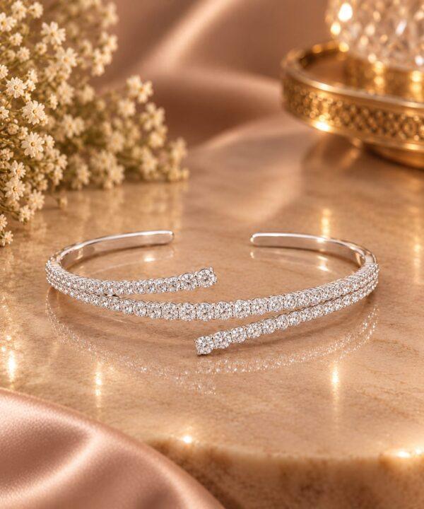 Silver Double-Row Cubic Zirconia Bypass Open Bracelet for Women in sterling silver 92