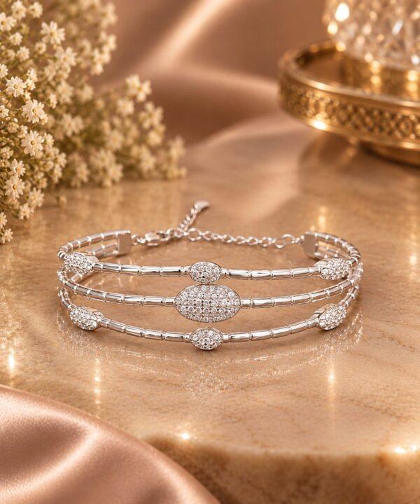 Elegant 3-Strand Silver Segmented Link Bracelet with CZ Oval Medallions in Sterling Silver 925