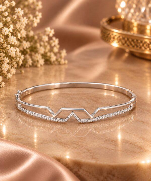 Silver Geometric Chevron CZ Dual Band Hinged Bracelet in sterling silver 925