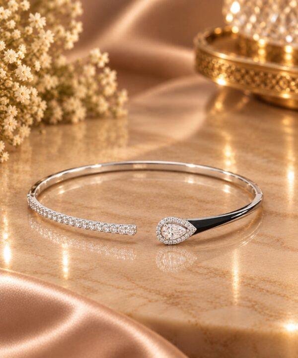 Sparkling Teardrop CZ Halo Open Bracelet with Black Enamel Accent in Sterling Silver 925